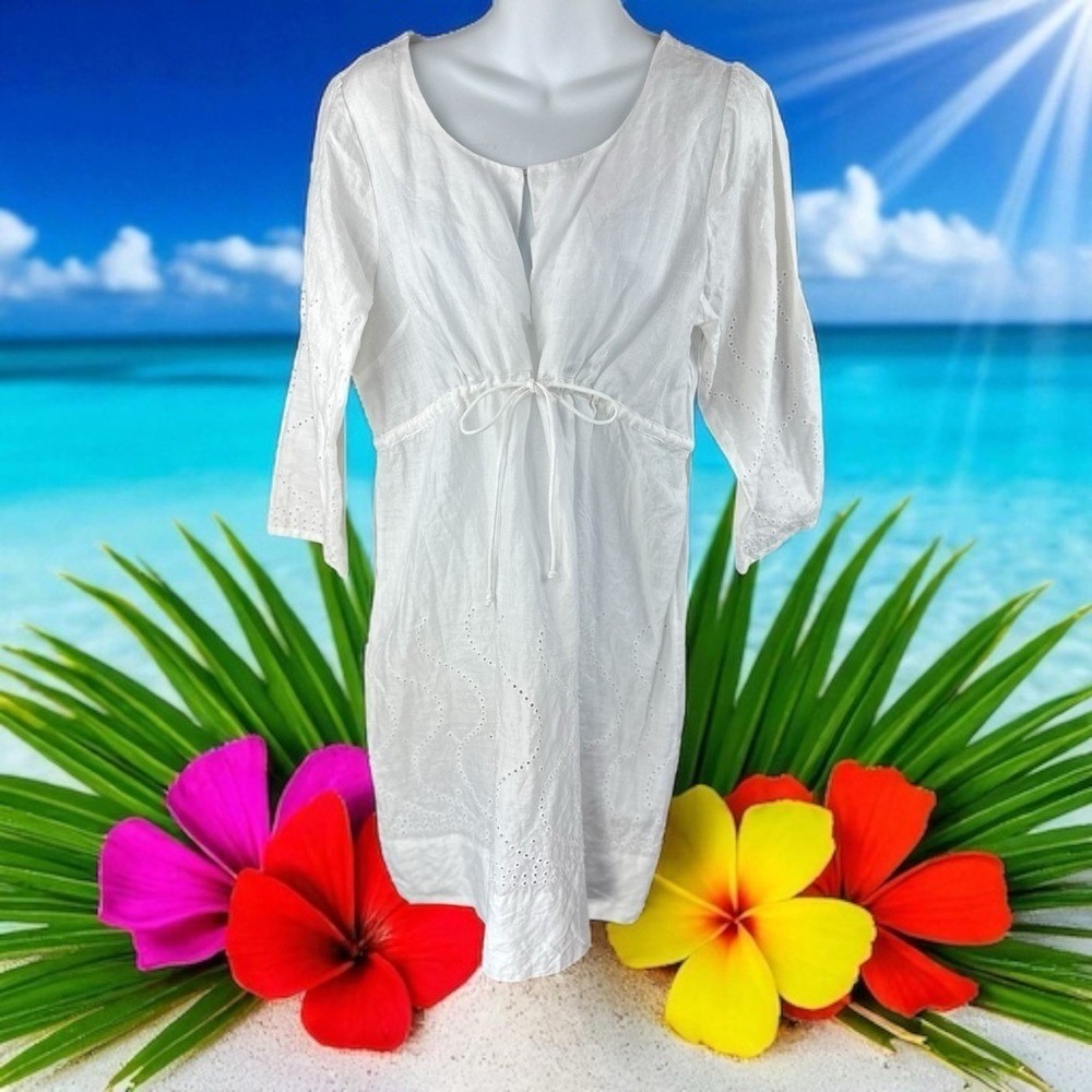 Gretchen Scott Designs SZ Large‎ White Swim Coverup with V-Neck w  Cinched Waist